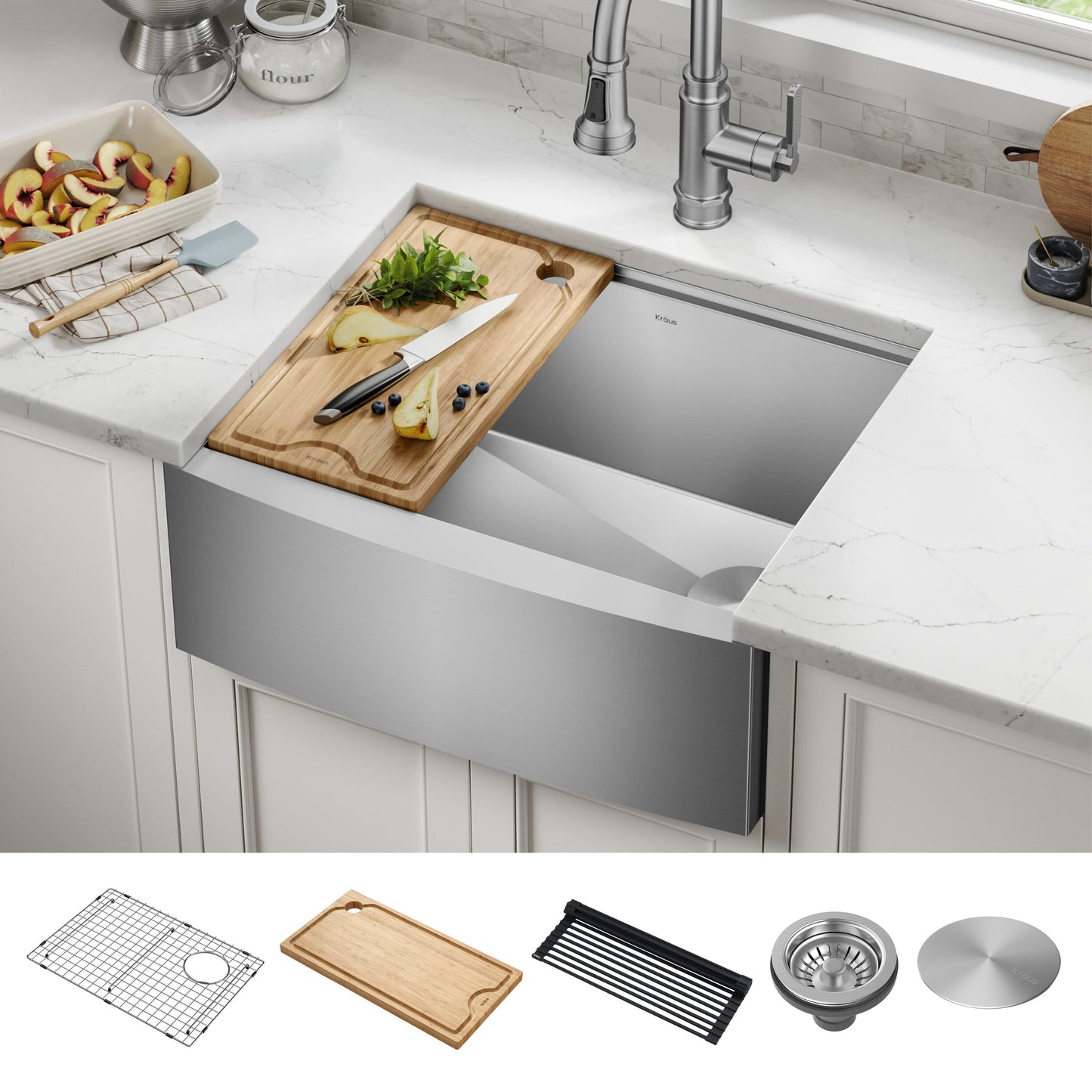 Kraus Kore Farmhouse apron front 23.88-in x 20.25-in Stainless steel Single bowl 16 -Gauge Workstation Kitchen Sink