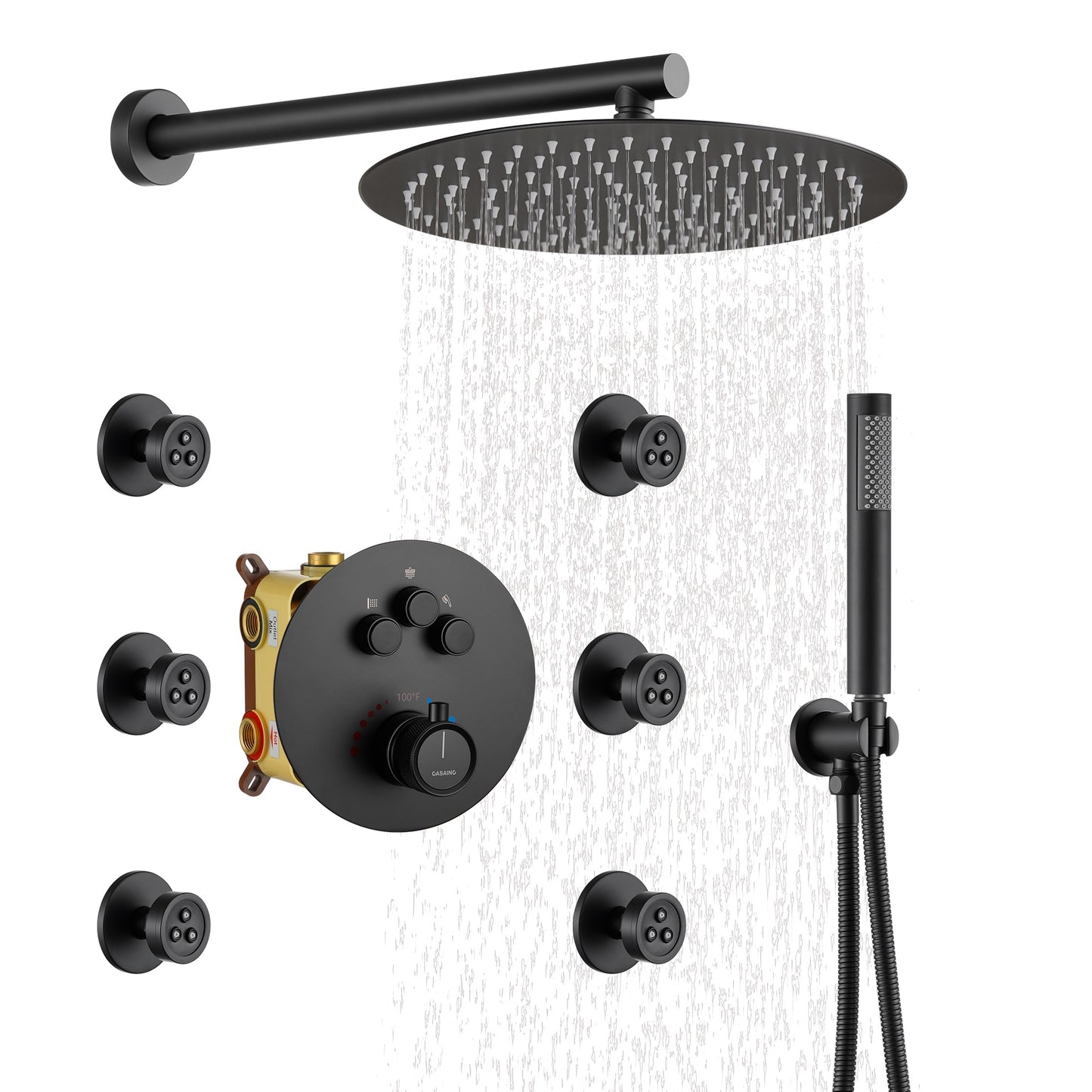 CASAINC All-in-One Thermostatic Shower System for a Spa Experience Matte Black 12-in Built-In Shower Faucet System with 3-way Diverter ( Thermostatic Valve Included )