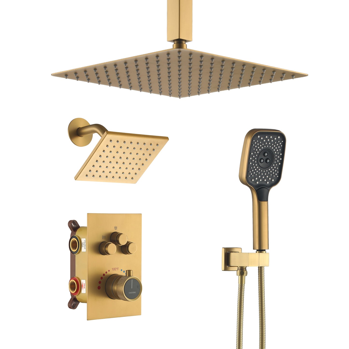 CASAINC Luxury Thermostatic Shower System with Rain Shower Anti-Scald Brushed Gold 12-in Dual Head Built-In Shower Faucet System with 3-way Diverter ( Thermostatic Valve Included )