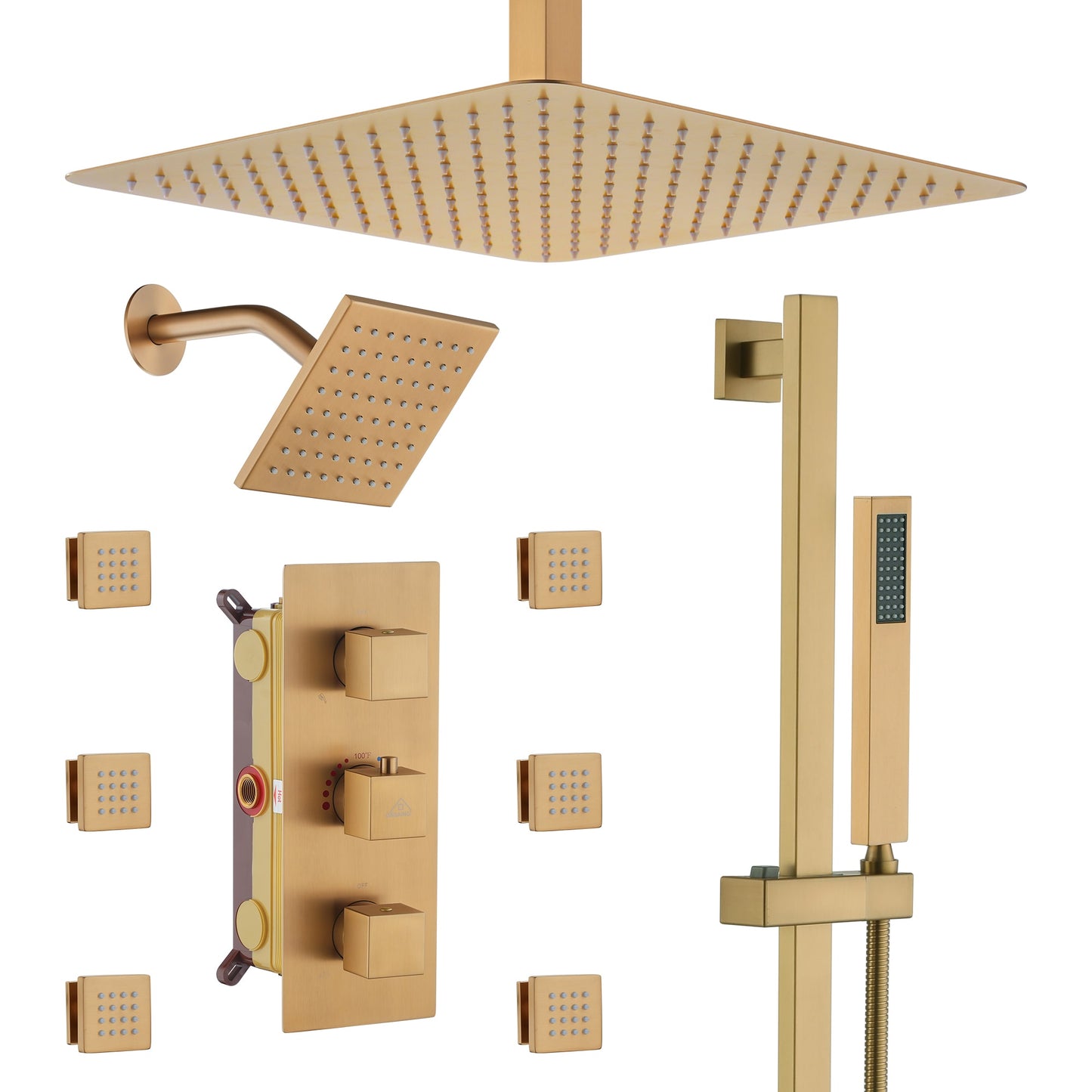 CASAINC Luxury Brushed Gold 16-in Dual Head Shower Faucet Bar System with 3-way Diverter ( Thermostatic Valve Included )