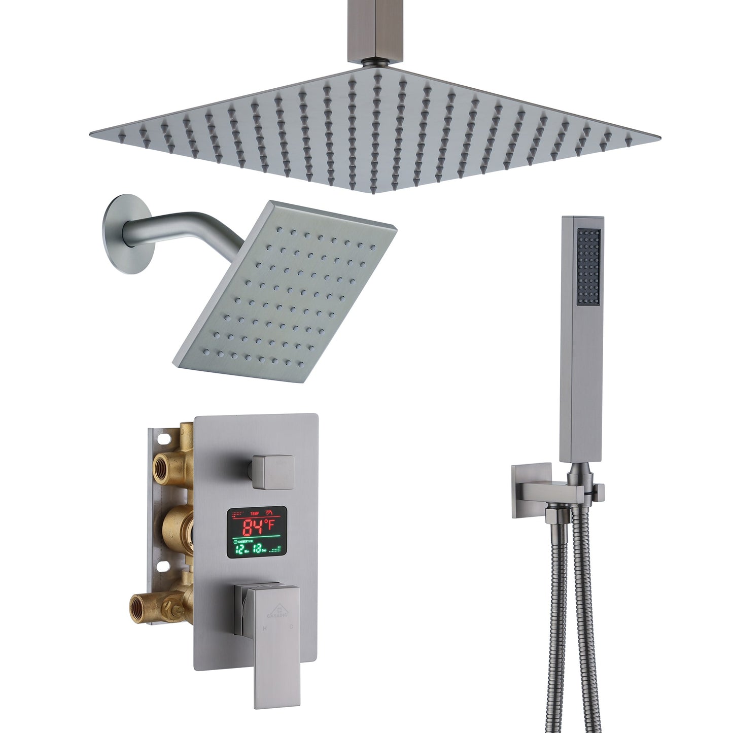 CASAINC Digital Shower System with Dual Rainfall Showerhead Brushed Nickel 12-in Dual Head Built-In Shower Faucet System with 3-way Diverter ( Pressure-balanced Valve Included )
