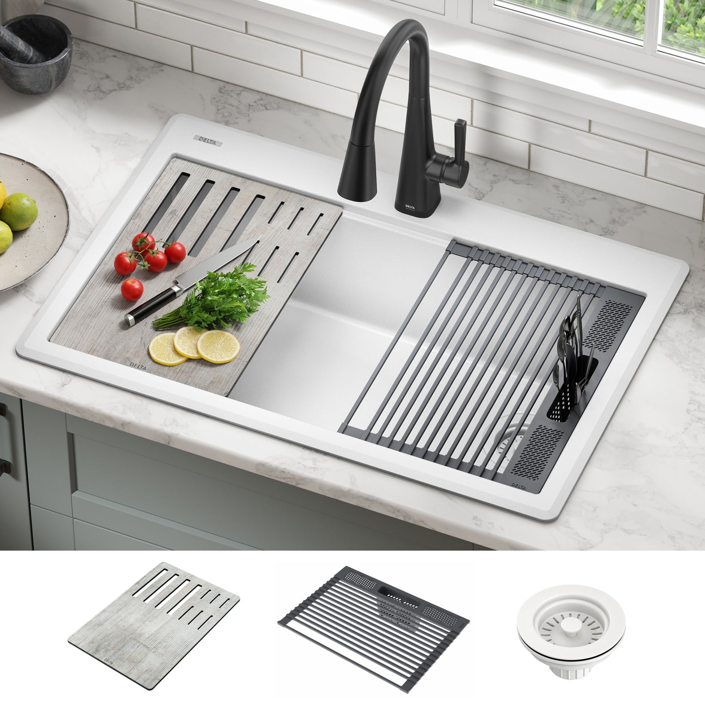Delta Everest Drop-in 33-in x 22-in Granite Single bowl Workstation Kitchen Sink with Drainboard