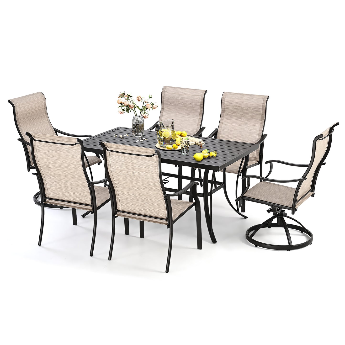 7 -Piece Black Patio Dining Set Iron Rectangle Table with 6 Off-white Stationary Chairs