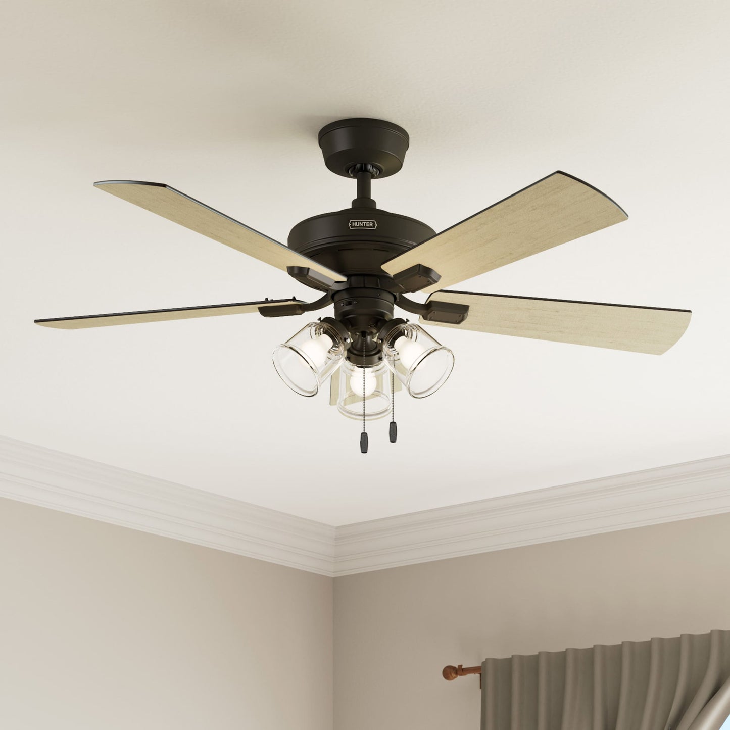 Hunter Crestfield Easy Install 52-in Noble Bronze with Bleached Grey Pine Blades Ceiling Fan With Light 5 -Blade