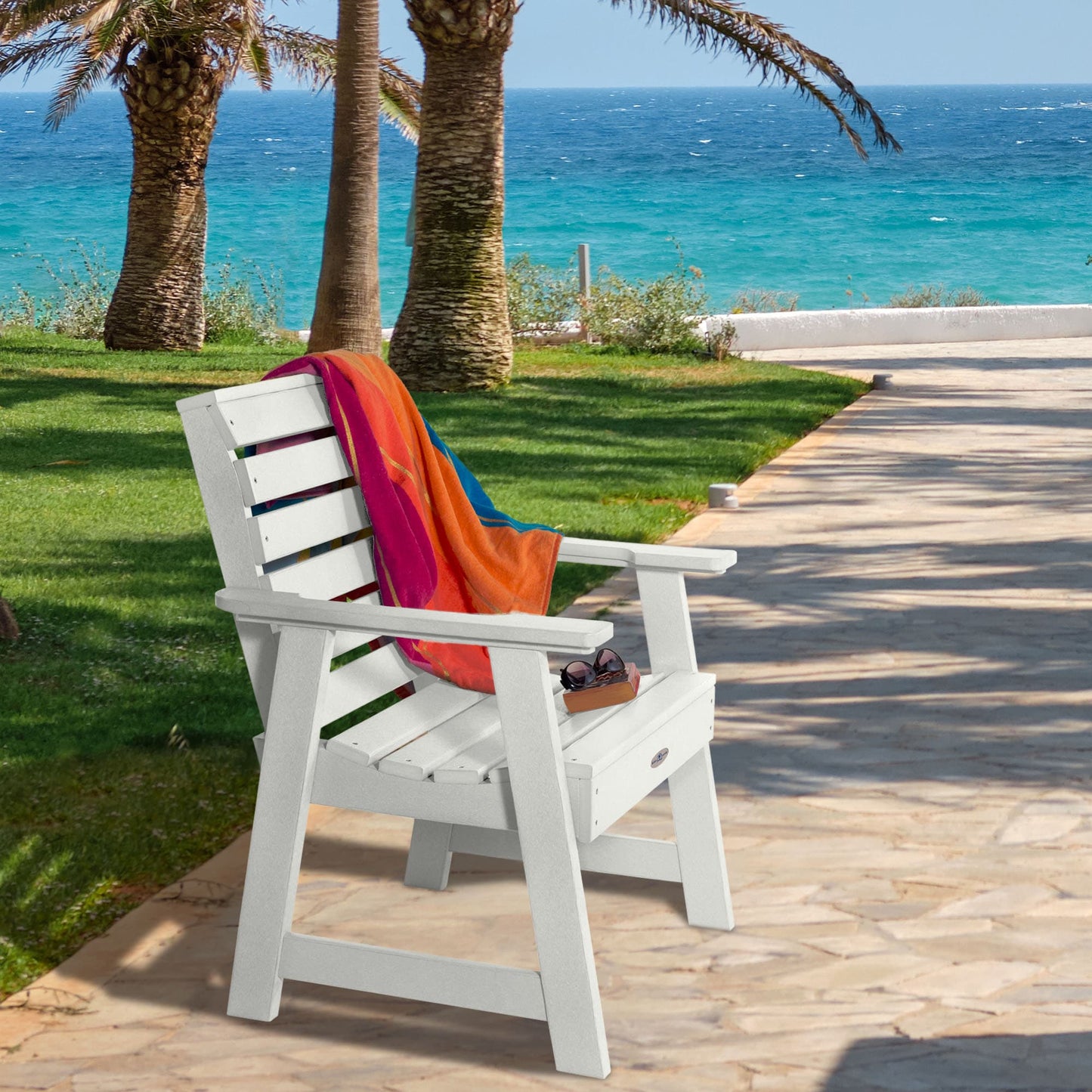 highwood Riverside Coconut White Poly-lumber Frame Stationary Conversation Chair with Slat Seat