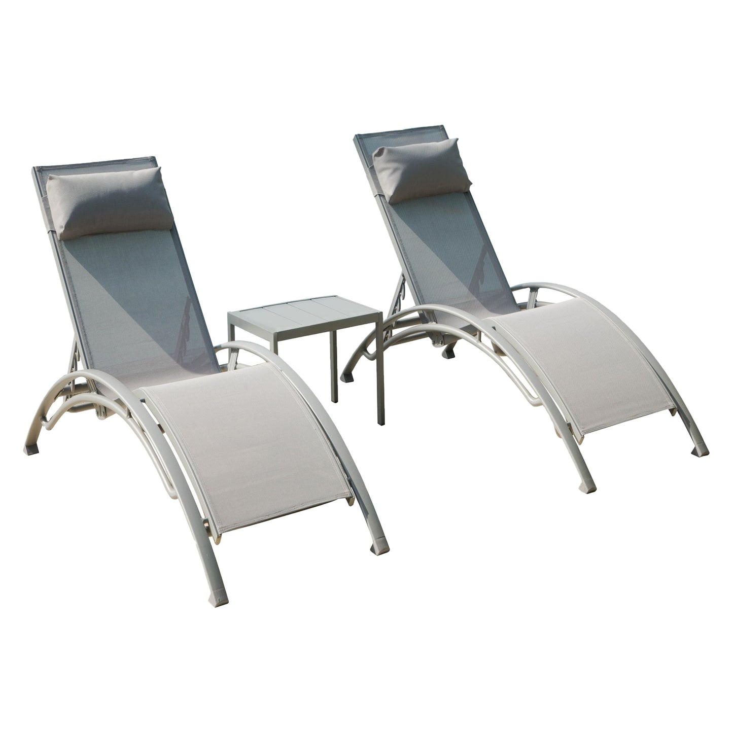 WELLFOR GA 2 Chaise Lounges with Table Set of 2 Aluminum Aluminum Frame Stationary Chaise Lounge Chair with Gray Solid Seat