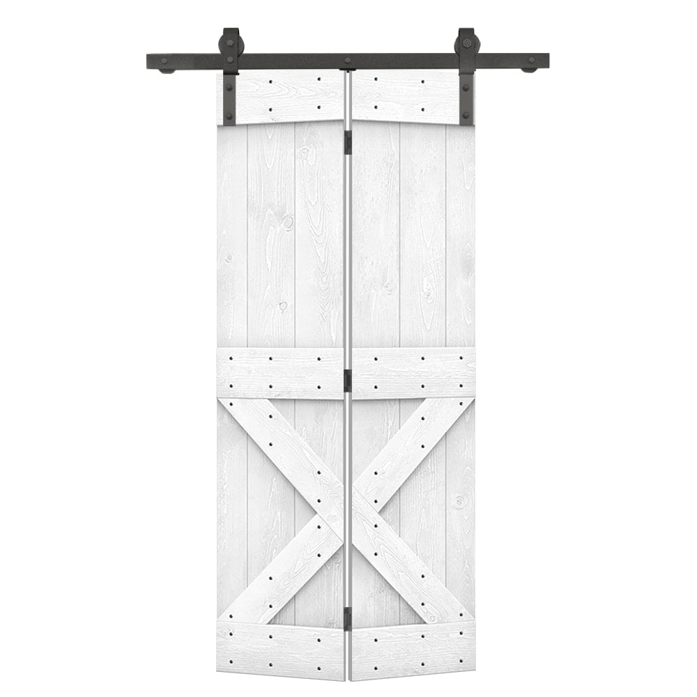 CALHOME 36-in x 84-in White Stained X-frame Pine Wood Solid core Single bifold Barn Door (Hardware Included)