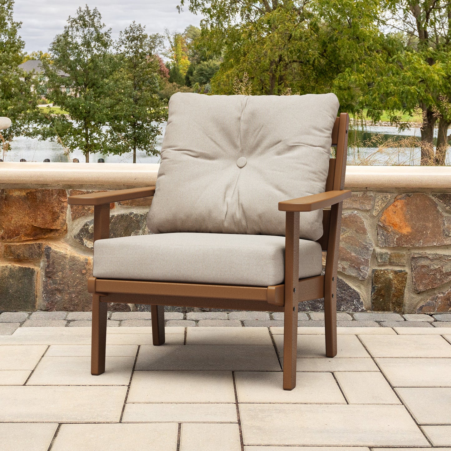 allen + roth by POLYWOOD Oakport Teak HDPE Frame Stationary Conversation Chair with Brown Cushioned Seat