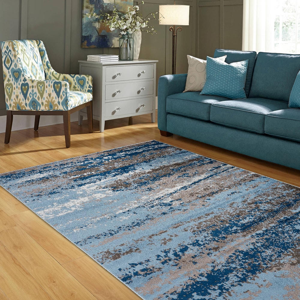 LR Home Myriad 8 x 10 (ft) Loomed Polypropylene Light Blue/Soft Blue Rectangular Indoor Abstract Spot Clean Only Area rug