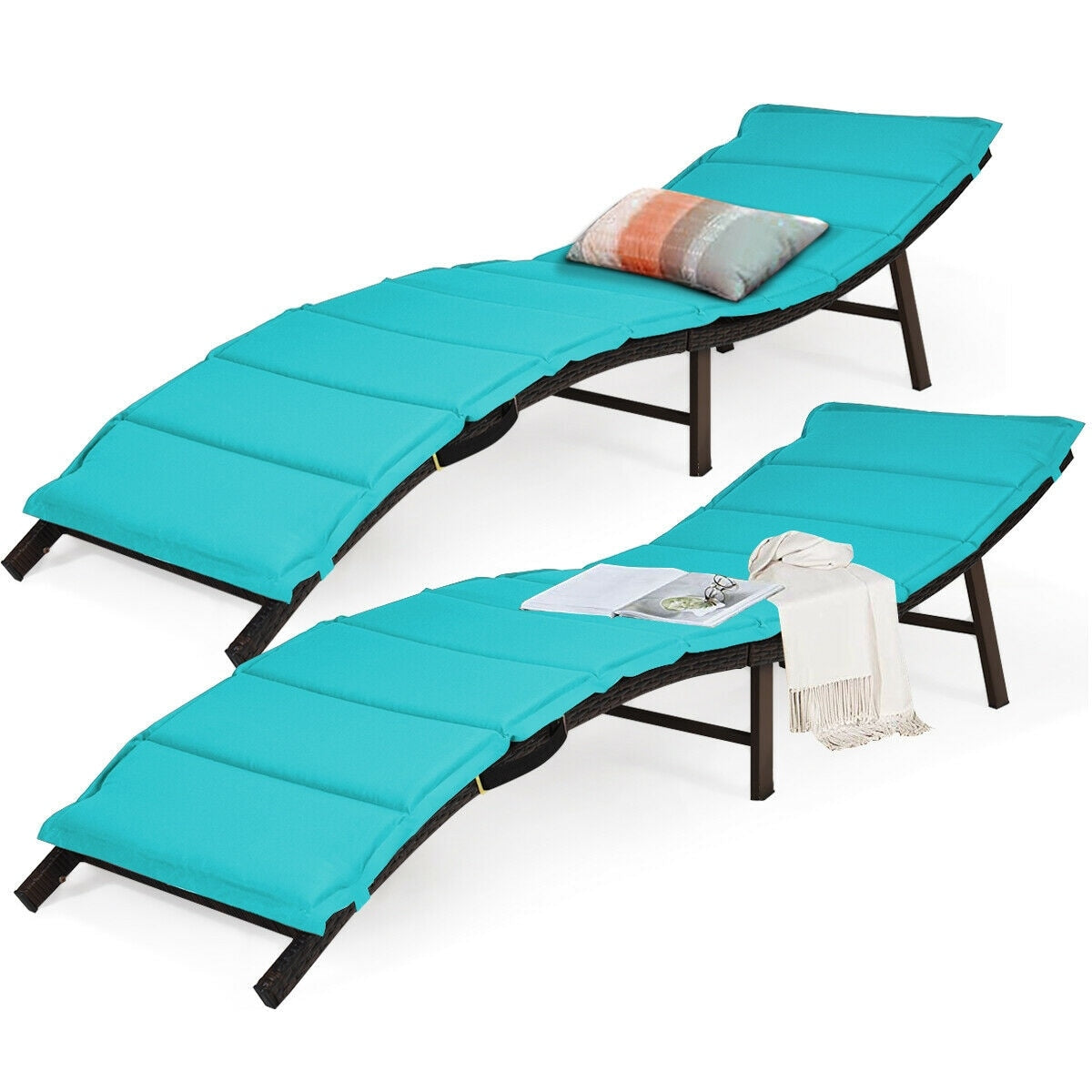 Forclover Outdoor Chaise Lounges Set of 2 Rattan Stackable Black Metal Frame Stationary Chaise Lounge Chair with Blue Cushioned Seat