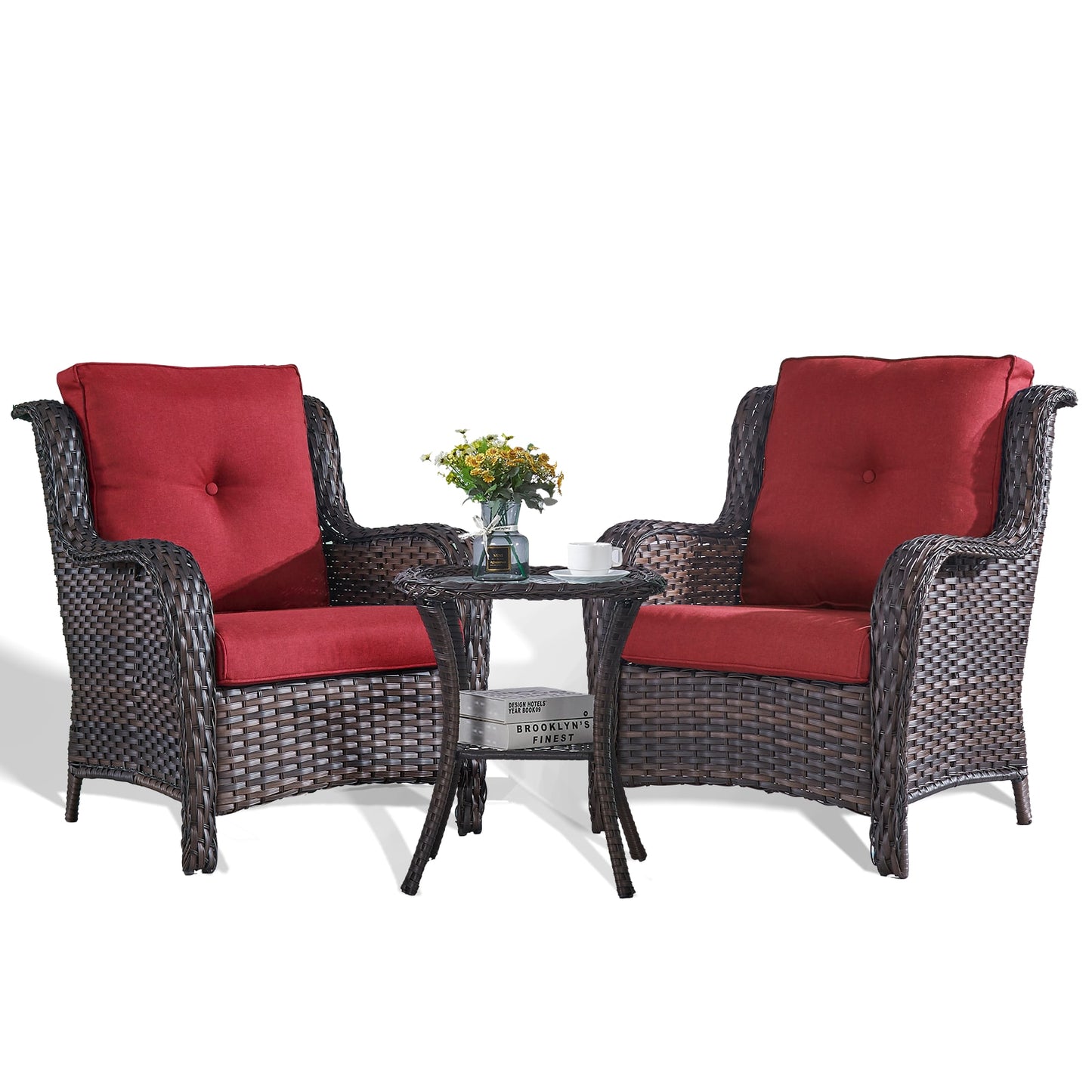 Rilyson Curved handrail Set of 2 Wicker Brown Wicker Frame Stationary Conversation Chair with Red Blue Cushioned Seat