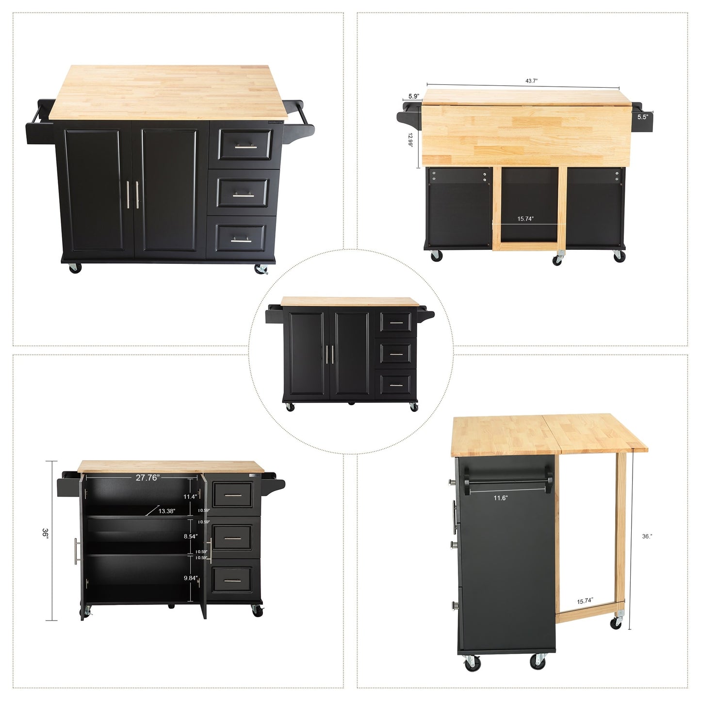 Miki Shinly Black MDF Base with MDF Rolling Kitchen Island ( 17-in x 53.93-in x 36.22-in )