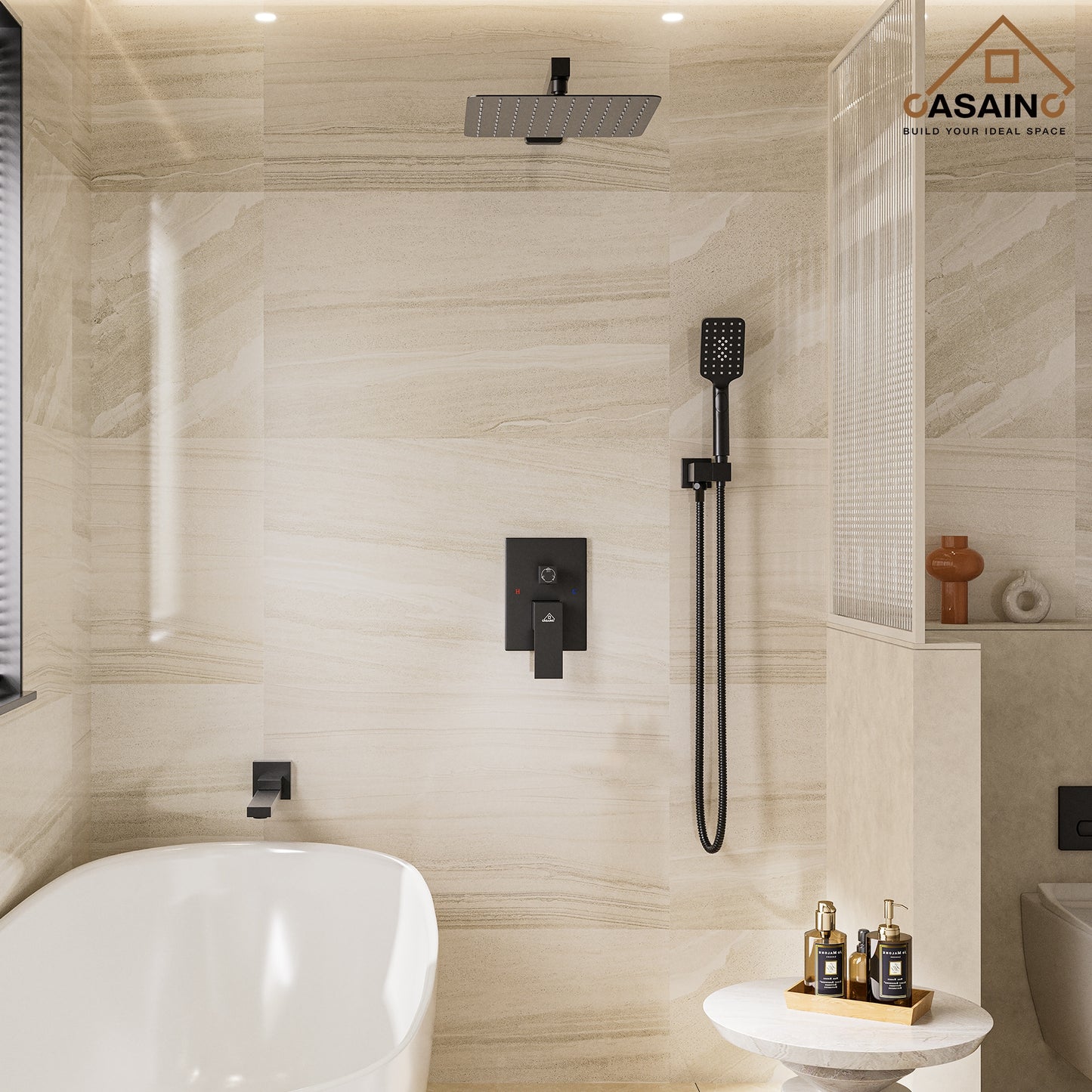 CASAINC Matte black 10-in Built-In Shower Faucet System with 3-way Diverter ( Pressure-balanced Valve Included )