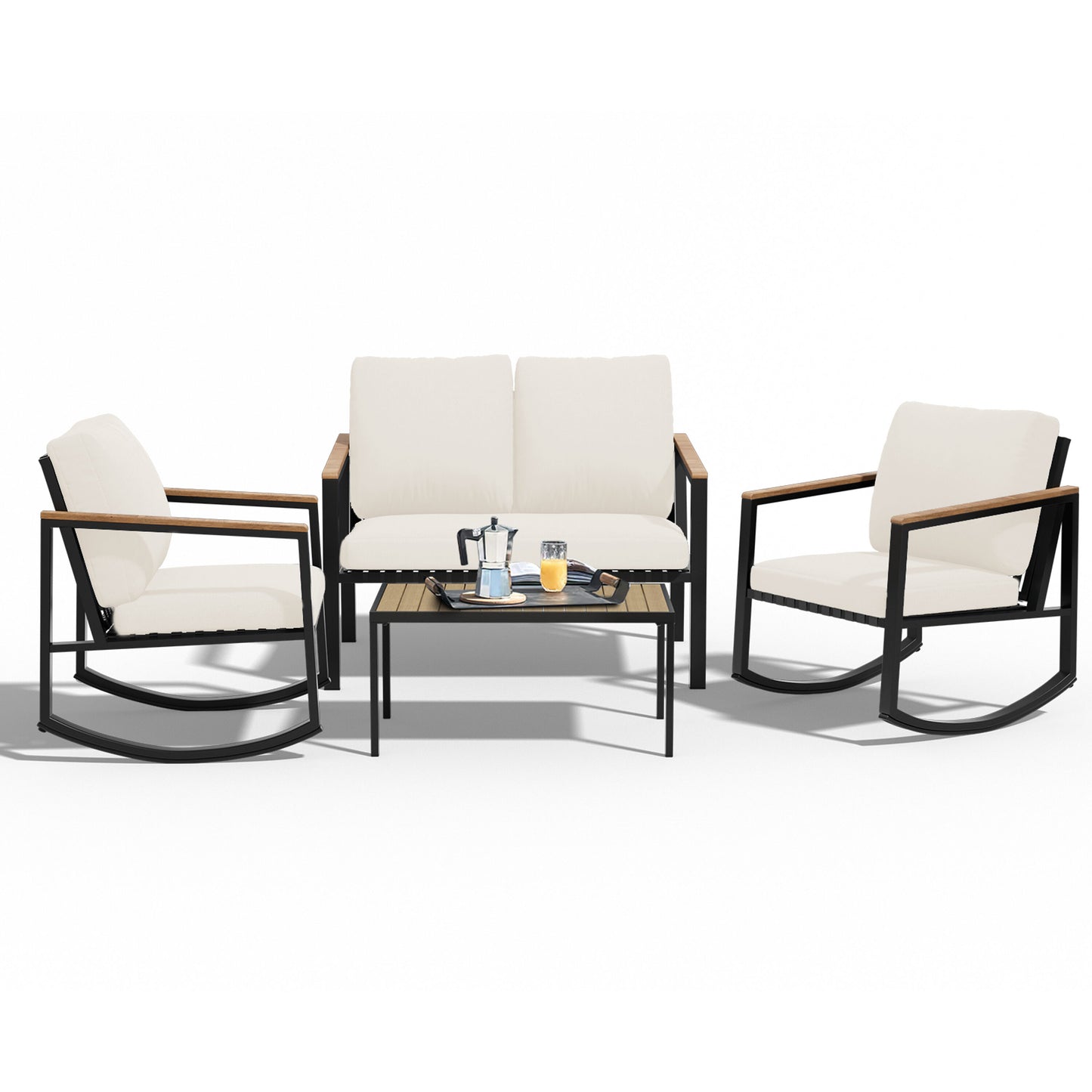 JEAREY 4-Piece Patio Conversation Set with Removable Cushions and Rocking Chairs 4 -Piece Patio Conversation Set with Off-white Cushions