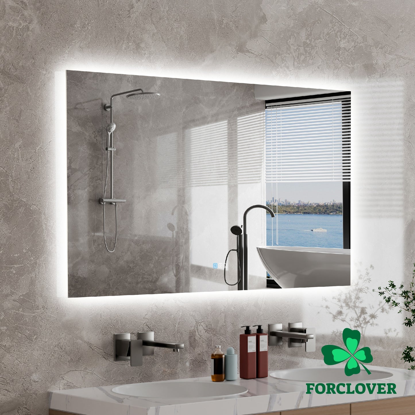 Forclover 55-in x 32-in Beveled Frameless Rectangle Dimmable Lighted Fog Free Bathroom Vanity Mirror ( Silver )