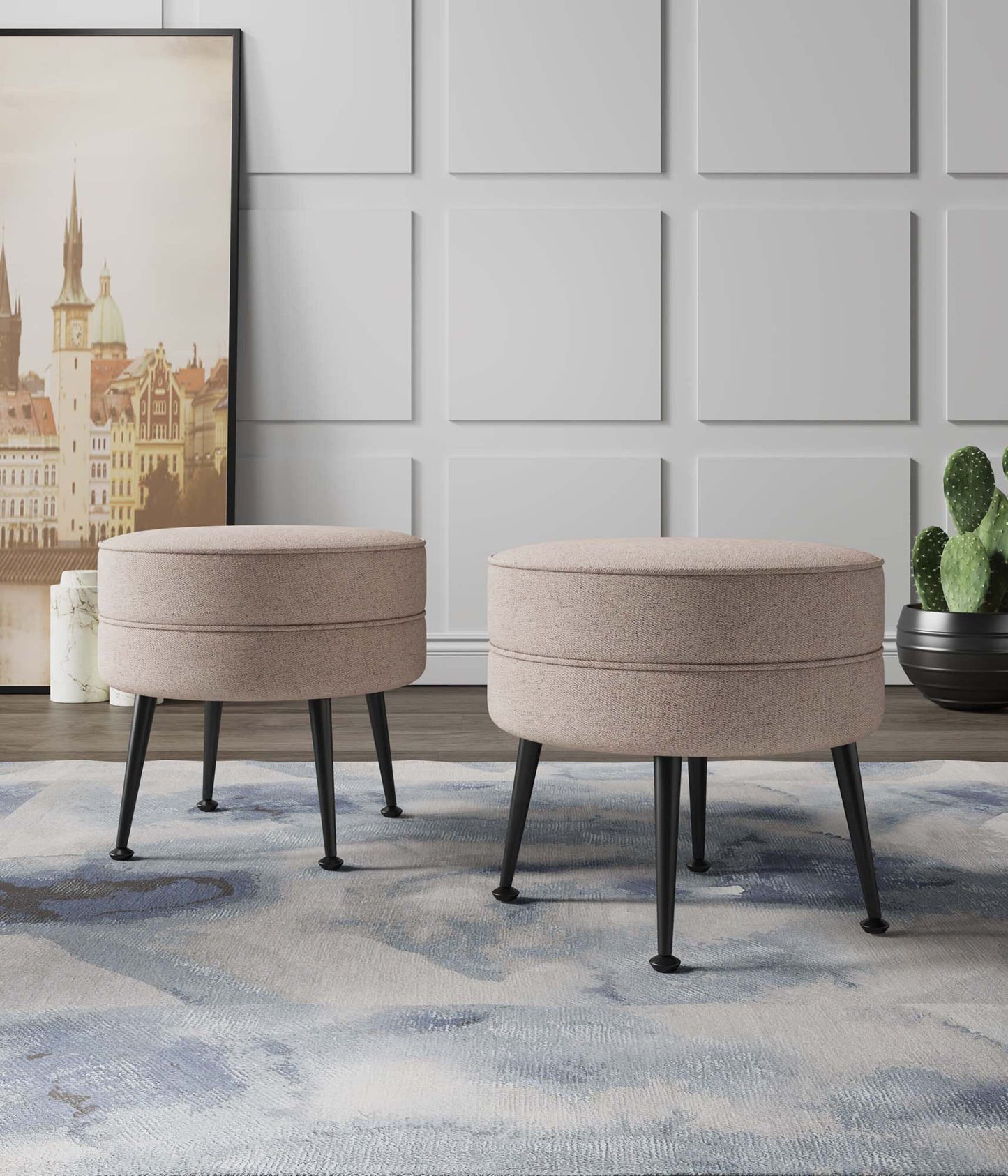 Manhattan Comfort Midcentury Oatmeal //Black Round Ottoman