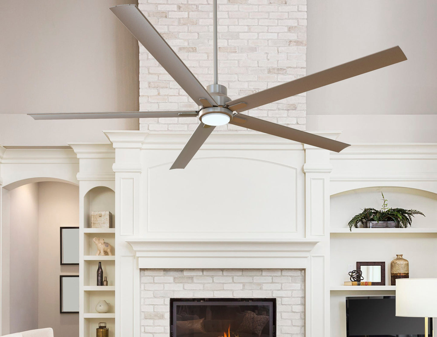 Harbor Breeze Cando 96-in Brushed Nickel with Matte Silver Blades Color-Changing Integrated LED Uncovered Outdoor Ceiling Fan With Light and Remote Included 5 -Blade