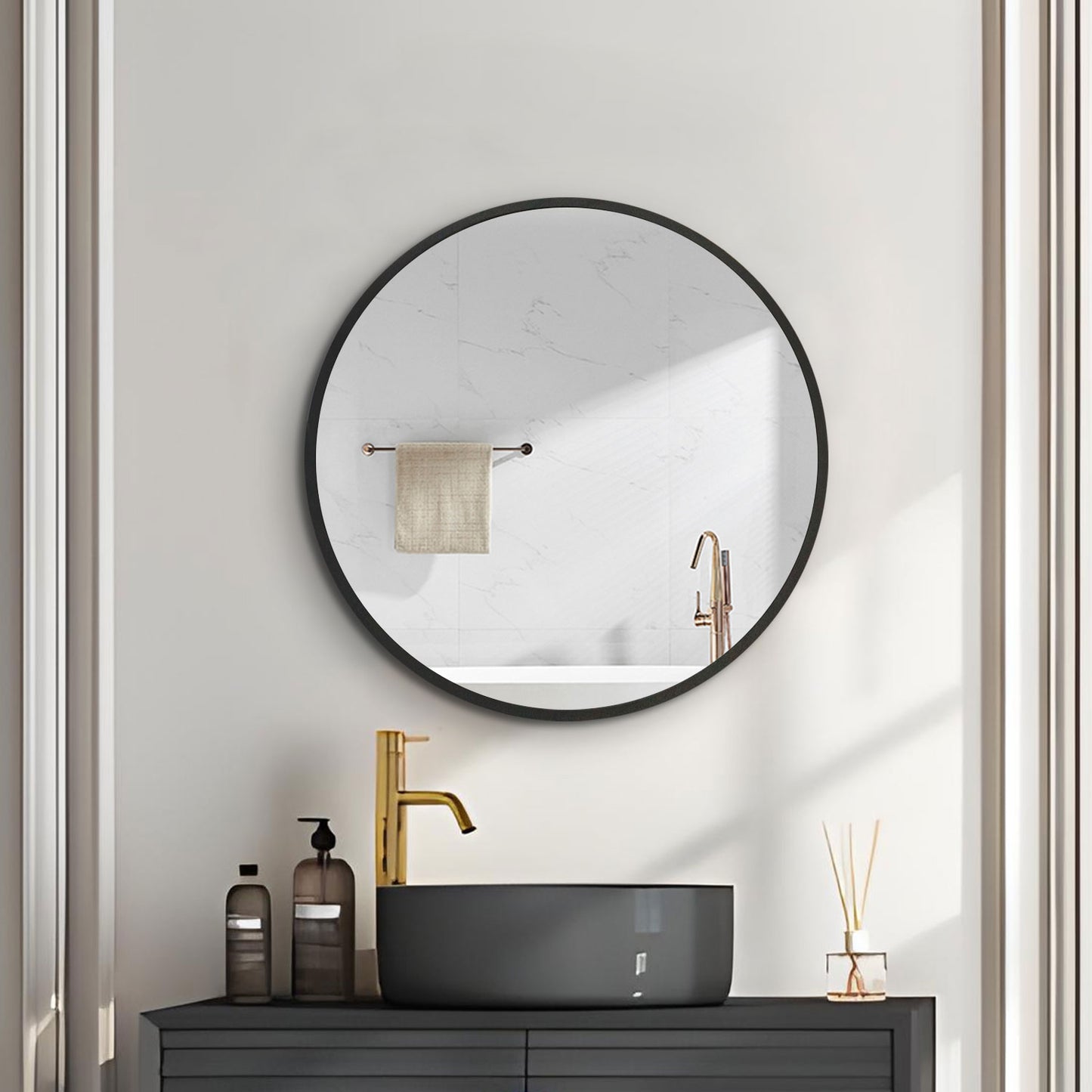AAZJ ASO 24-in x 24-in Surface/Recessed Mount Powder Coated Mirrored Round Soft Close Medicine Cabinet
