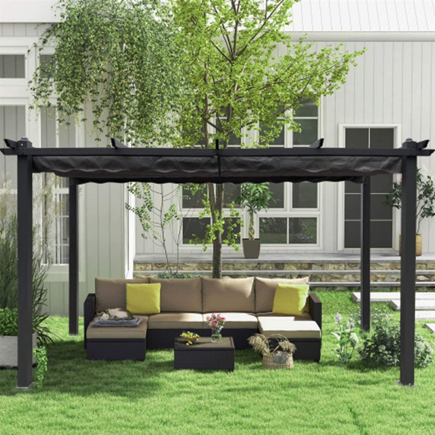 Runesay Retractable Pergola 10-ft W x 13-ft L x 7-ft 3-in H Gray Metal Attached Pergola with Canopy