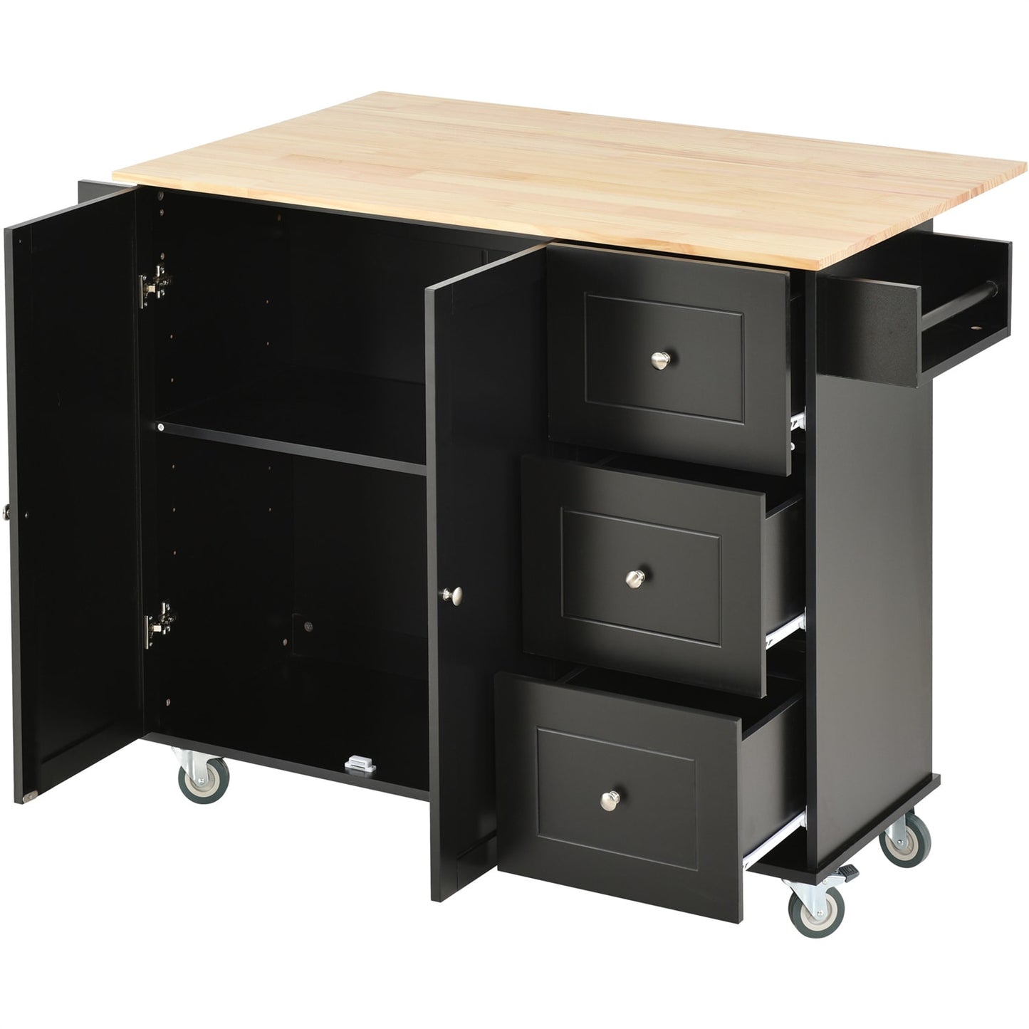 BABOOM Black MDF Base with Wood Rolling Kitchen Island ( 29.5-in x 52.7-in x 36.81-in )
