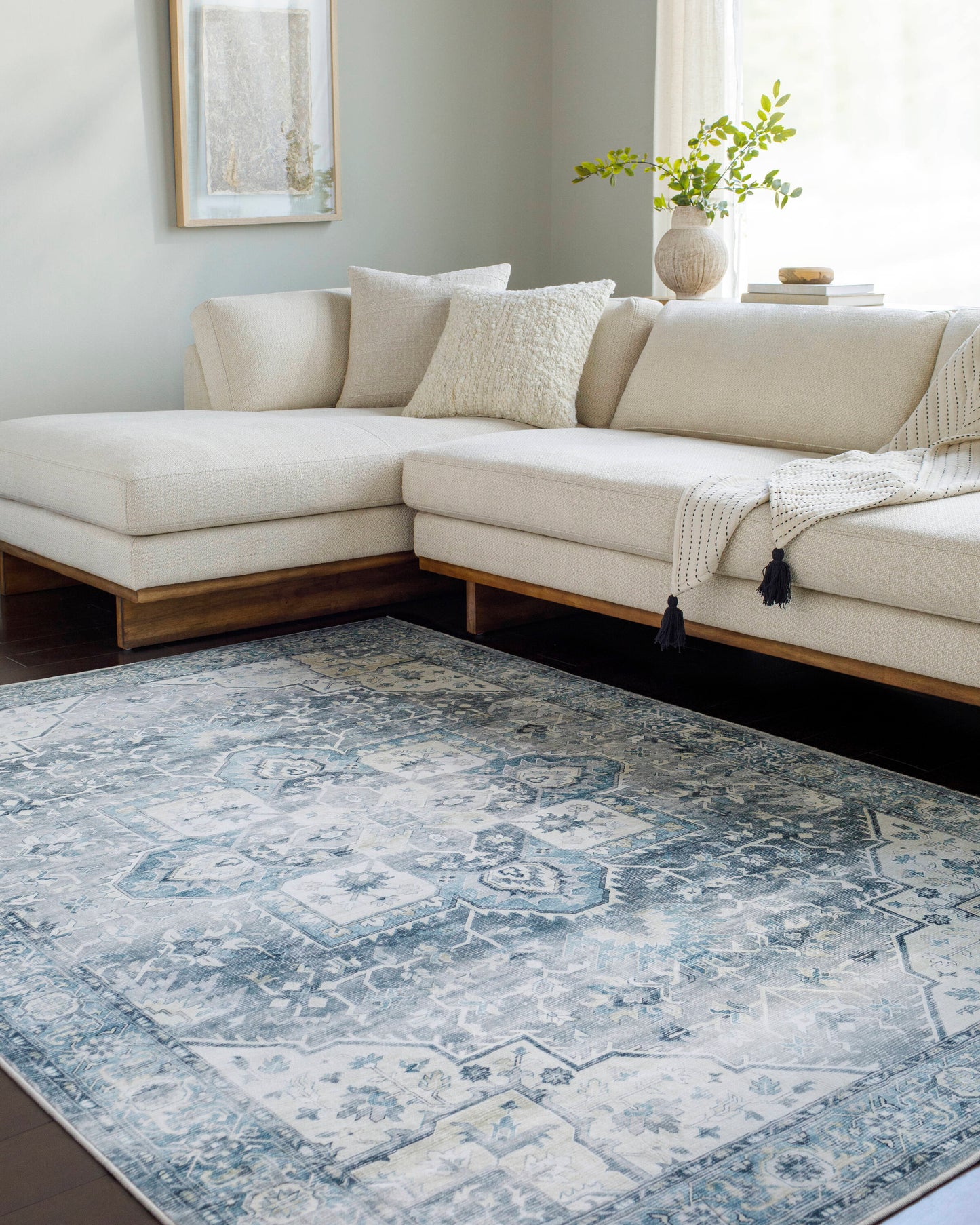 Livabliss Lavable 8 x 10 (ft) Flatweave Polyester Blue/Ivory Rectangular Indoor Vintage Machine washable Pet Friendly Area rug