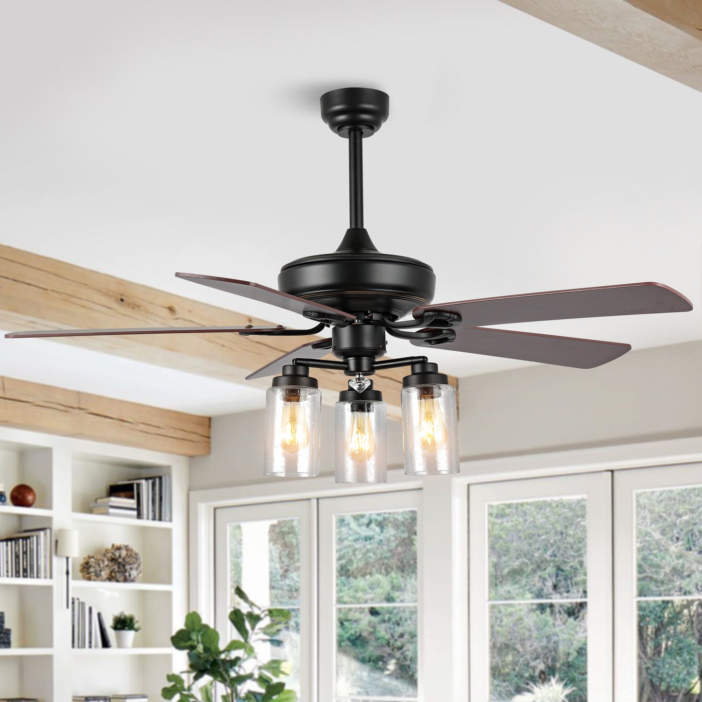 JONATHAN Y Luacs Iron/Wood/Seeded Glass Rustic 52-in Black with Ashwood/Brown Blades Downrod or Flush Mount Smart Ceiling Fan With Light and Remote Included 5 -Blade