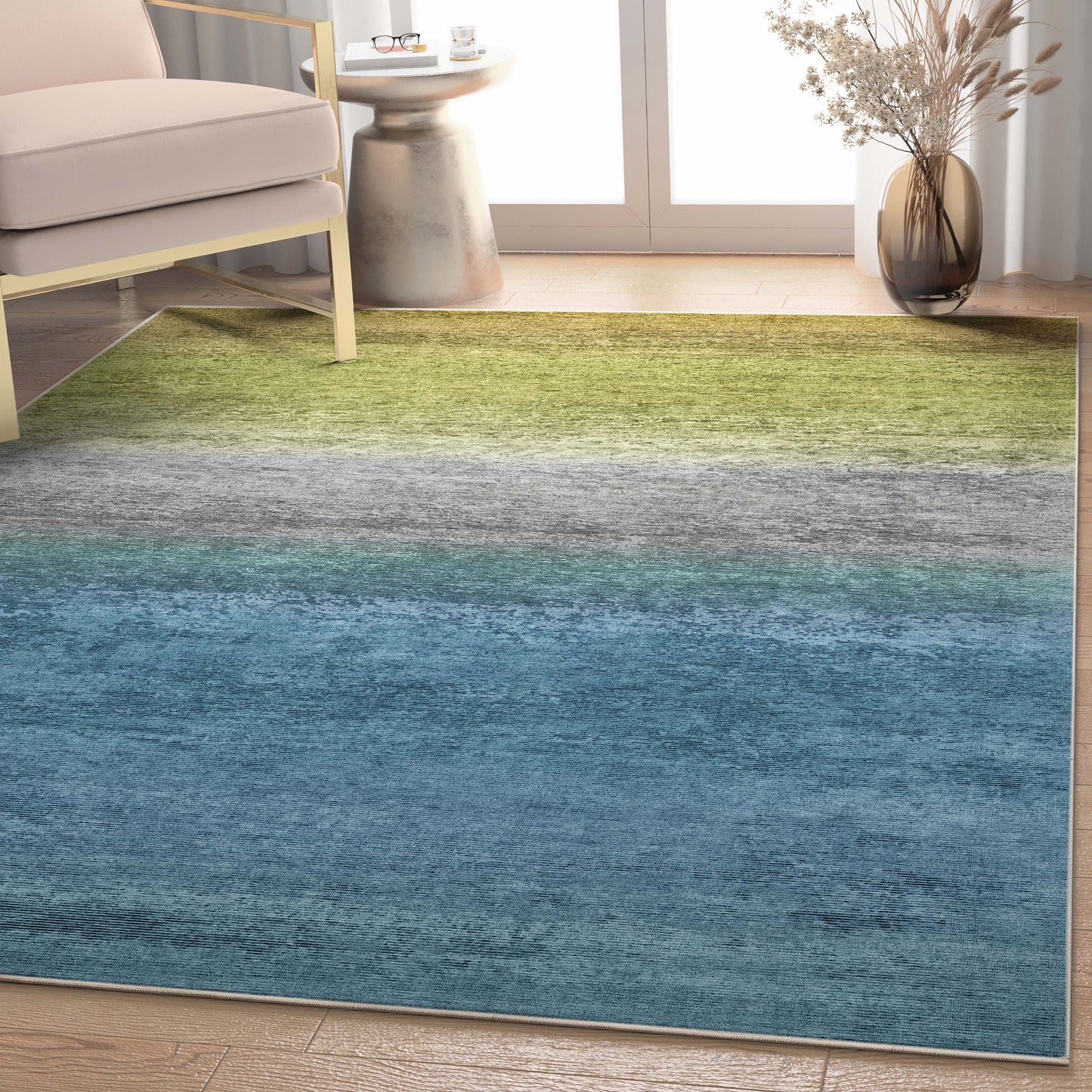 Well Woven Abstract 9 x 13 (ft) Flatweave Polyester Blue Green Rectangular Indoor Stripe Mid-Century Modern Spot Clean Only Pet Friendly Area rug