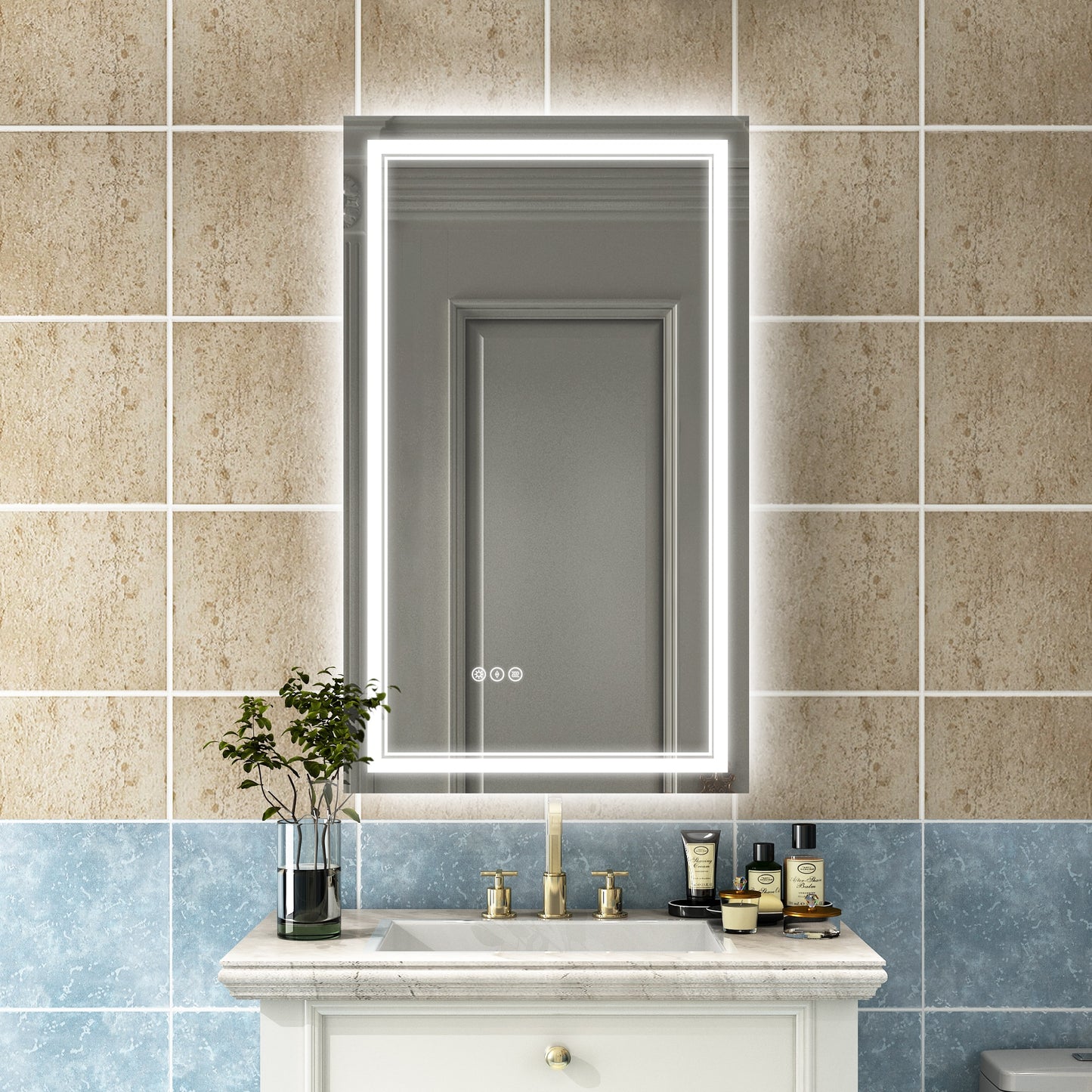 WELLFOR TF LED Bathroom Vanity Mirror 24-in x 40-in Polished Frameless Rectangle Dimmable LED Lighted Fog Free Bathroom Vanity Mirror ( Silver )