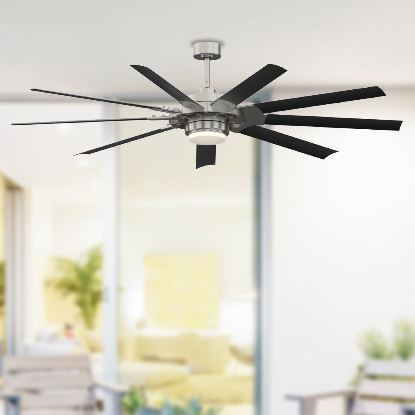 Fanimation Studio Collection Slinger v2 72-in Color-Changing Integrated LED Outdoor Brushed Nickel and Black with Black Blades Ceiling Fan With Light and Remote ( 9 -Blade ) 795393