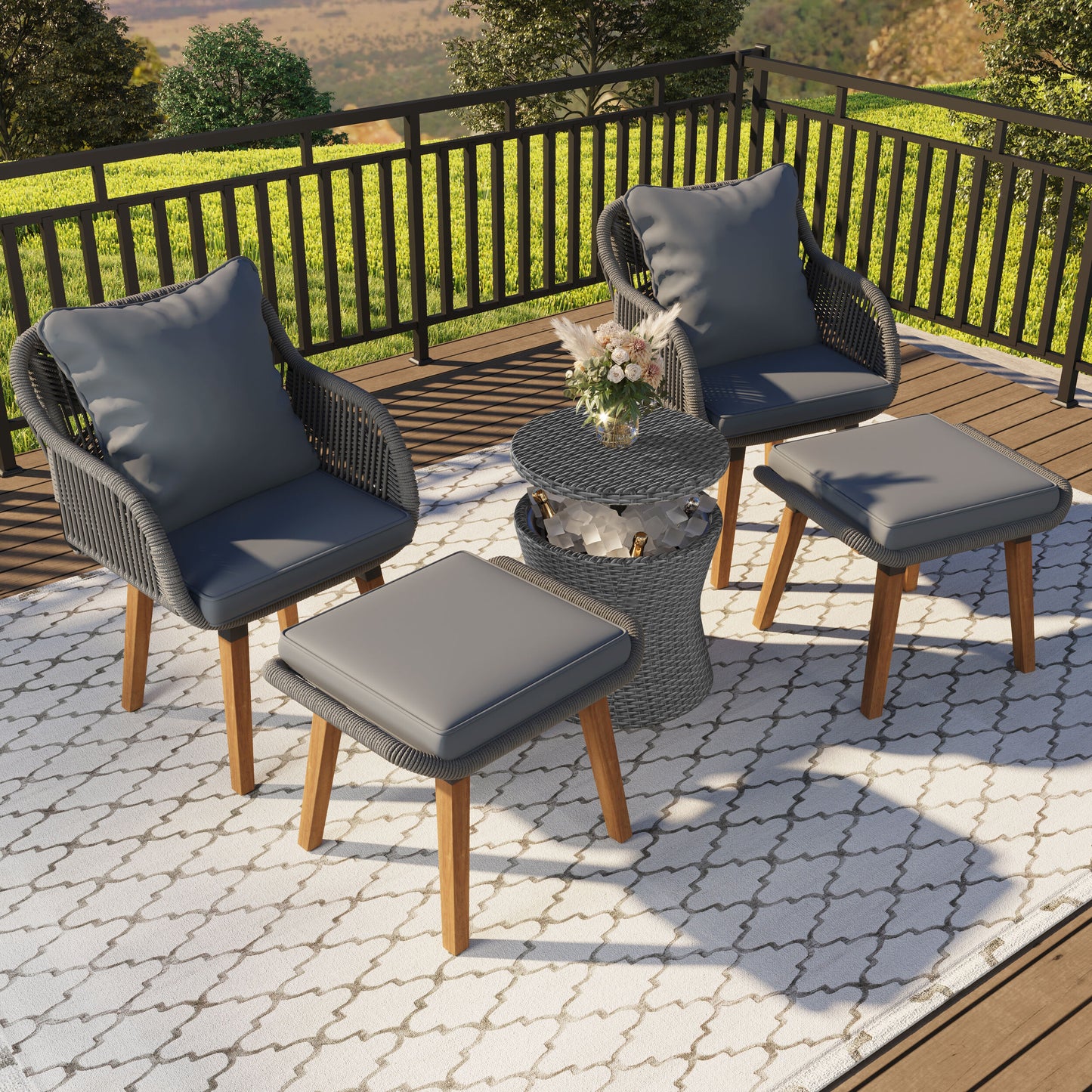 ModernLuxe 5 Pieces Patio Furniture Chair Sets, Patio Conversation Set Set of 2 Wicker Gray Wicker Frame Stationary Conversation Chair with Gray Cushioned Seat