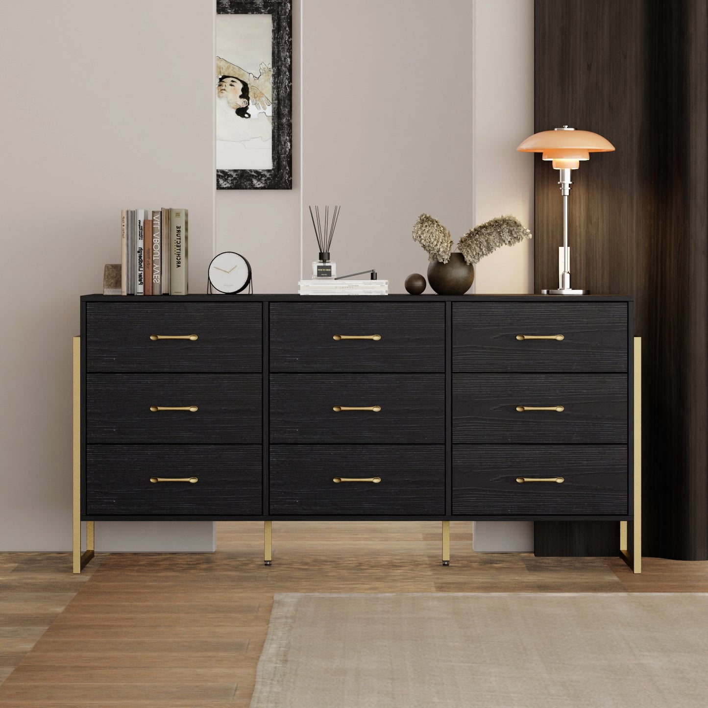 FUFU&GAGA Black 9 -Drawer 61.4-in Standard dresser