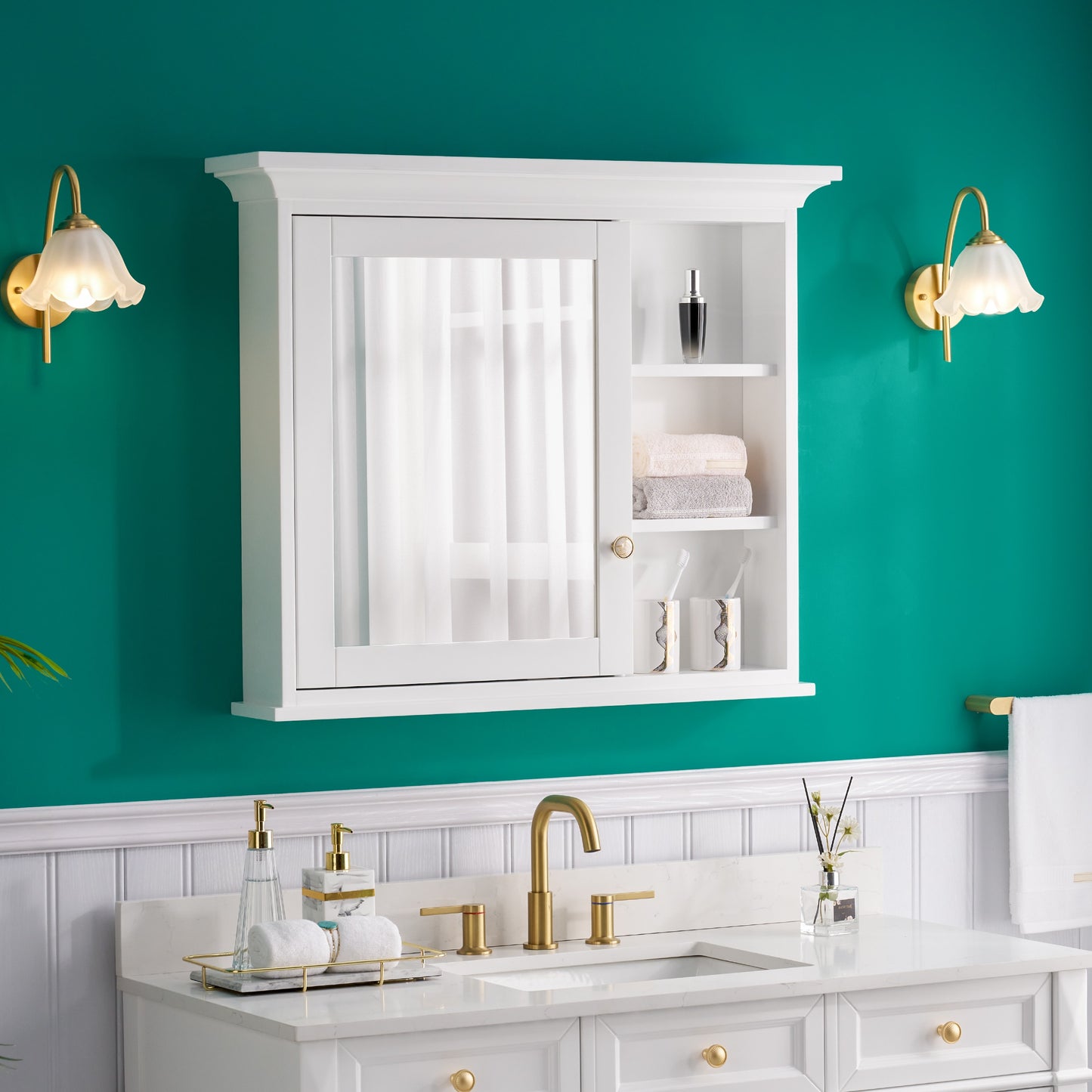 WELLFOR GRACE Solid Wood 36-in x 30-in Surface Mount White Mirrored Rectangle Soft Close Medicine Cabinet