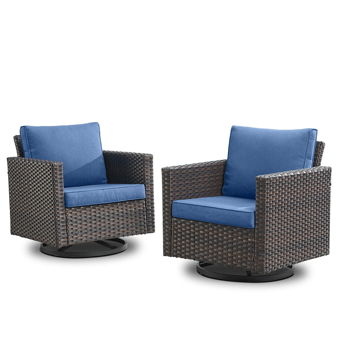 Rilyson U-shaped Set of 2 Wicker Brown Wicker Frame Swivel glider Rocking Chair with Blue Blue Cushioned Seat