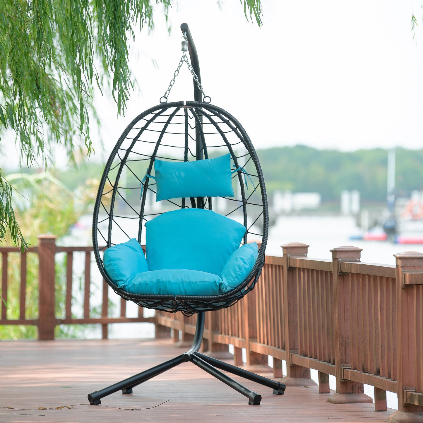 Forclover Patio Swing Hammock Egg Chair Black Steel Frame Hanging Egg Chair with Blue Cushioned Seat