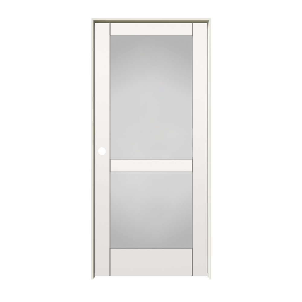 RELIABILT 28-in x 80-in Solid core 2-panel Frosted glass Right hand Smooth Primed MDF Flat Jamb Single Prehung Interior Door with