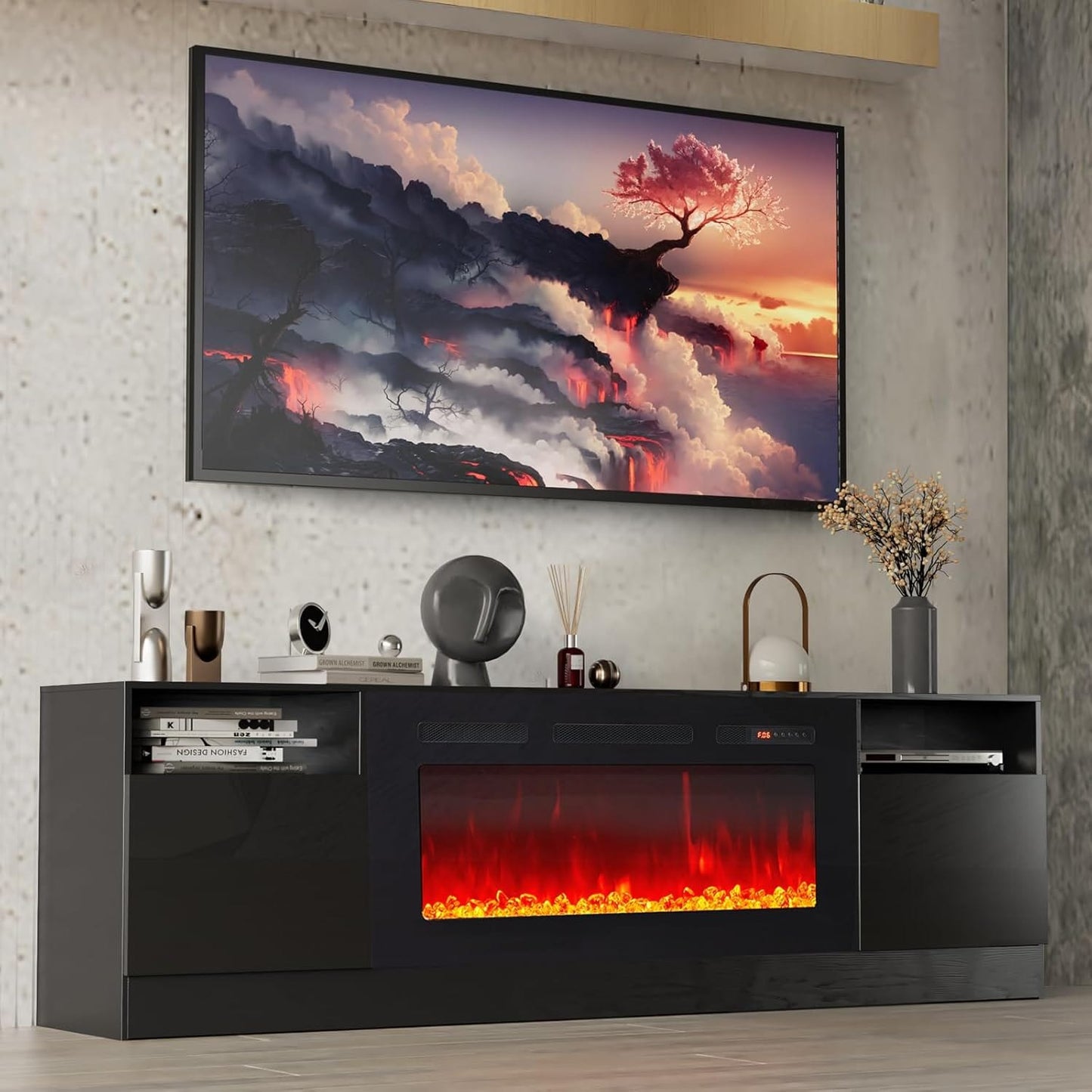AOXUN 70-in W black TV Stand with LED Flat wall with Remote Control Included