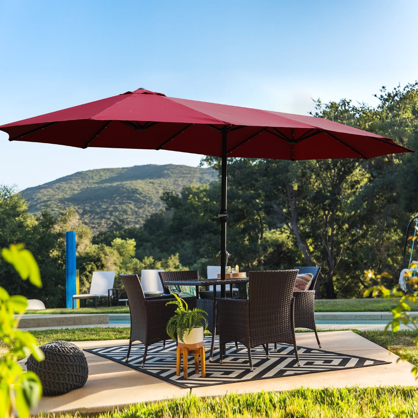 Xspracer 15-Feet Steel Red Market Patio Umbrella with Lights and with Base