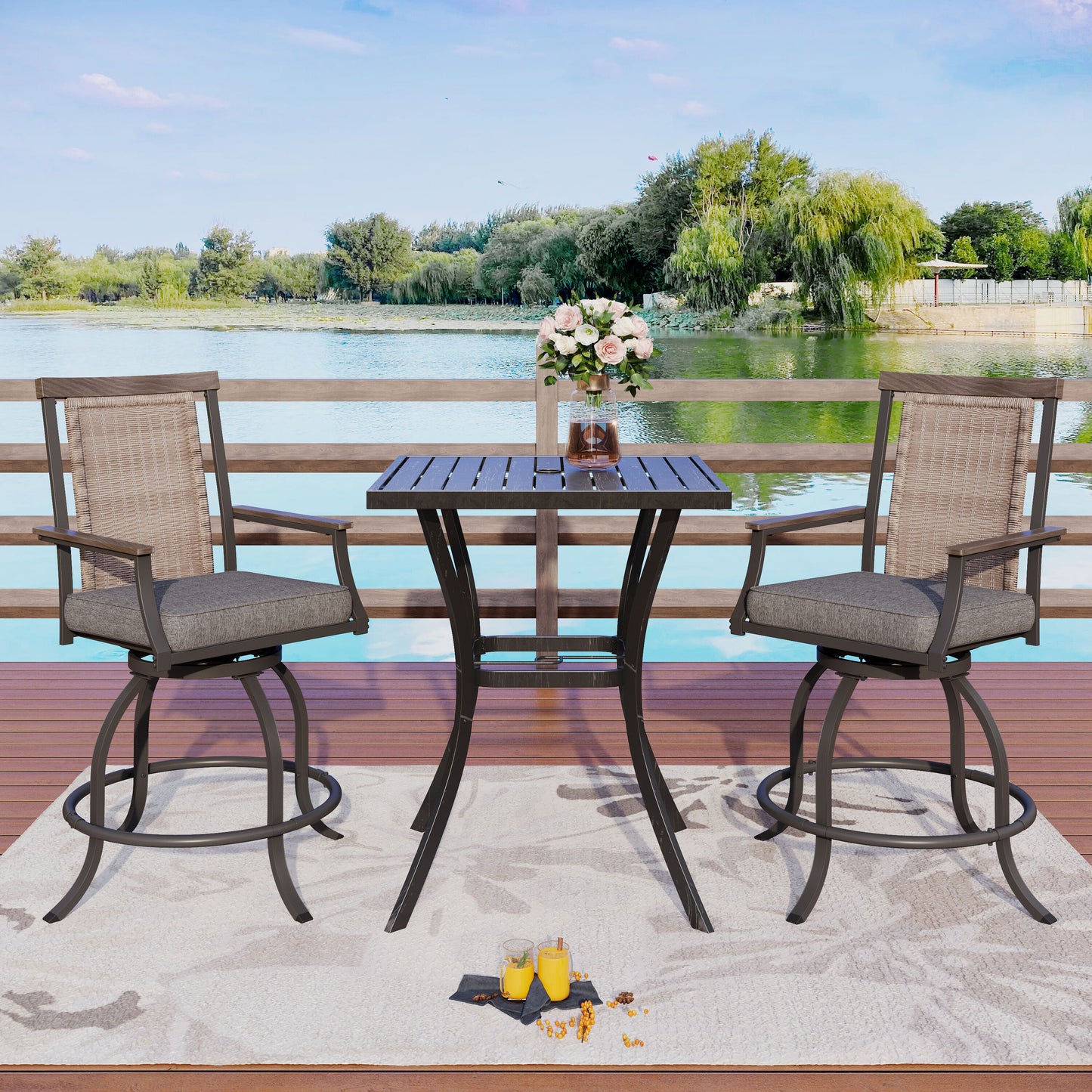Sunshine Valley Outdoor Bistro Set 3 -Piece Black Rattan Counter height Steel Square Table with 2 Gray Cushions Swivel Chairs