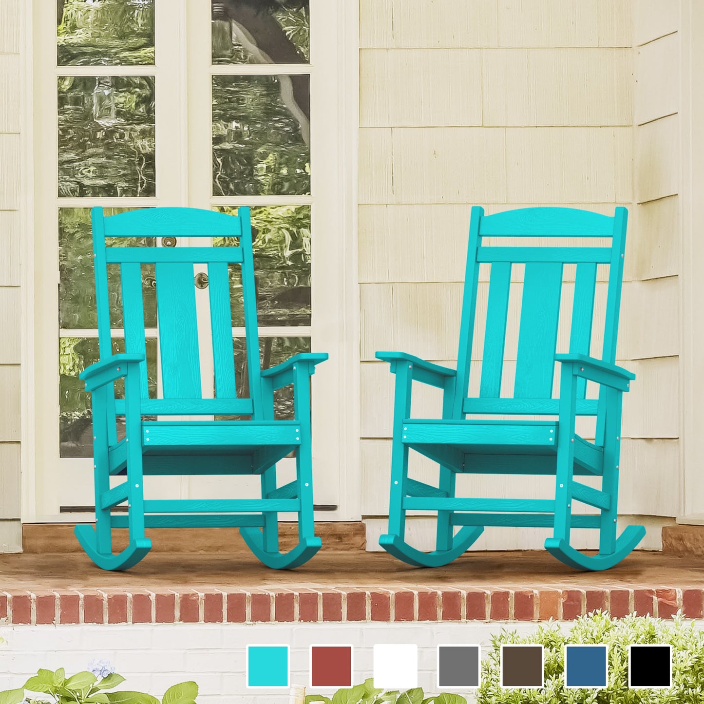 LUE BONA The Adirondack Set of 2 Aruba Blue Plastic Frame Stationary Rocking Chair with Slat Seat