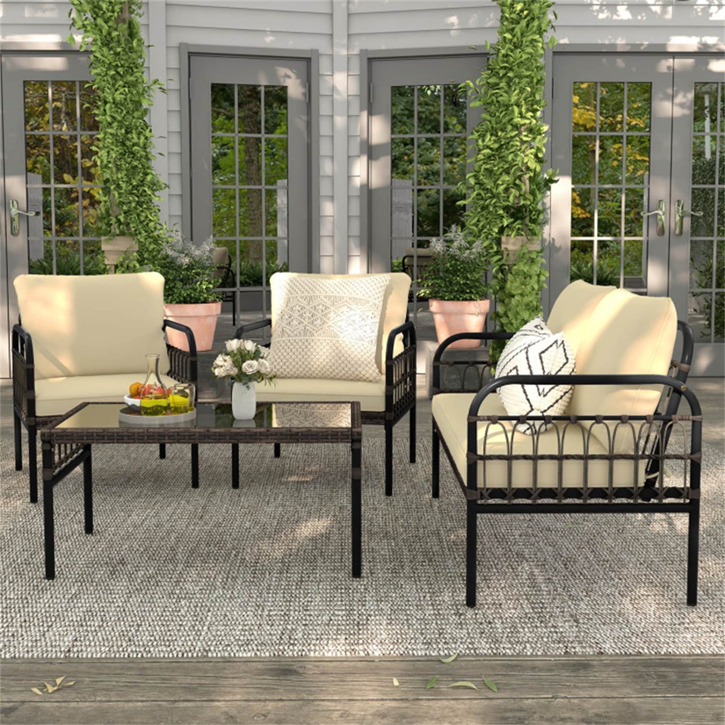 BABOOM Wicker Patio Furniture Set 4 -Piece Wicker Patio Conversation Set with Off-white Cushions