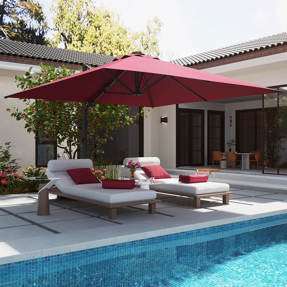 Mondawe 10-ft Aluminum Red Cantilever Patio Umbrella with Base