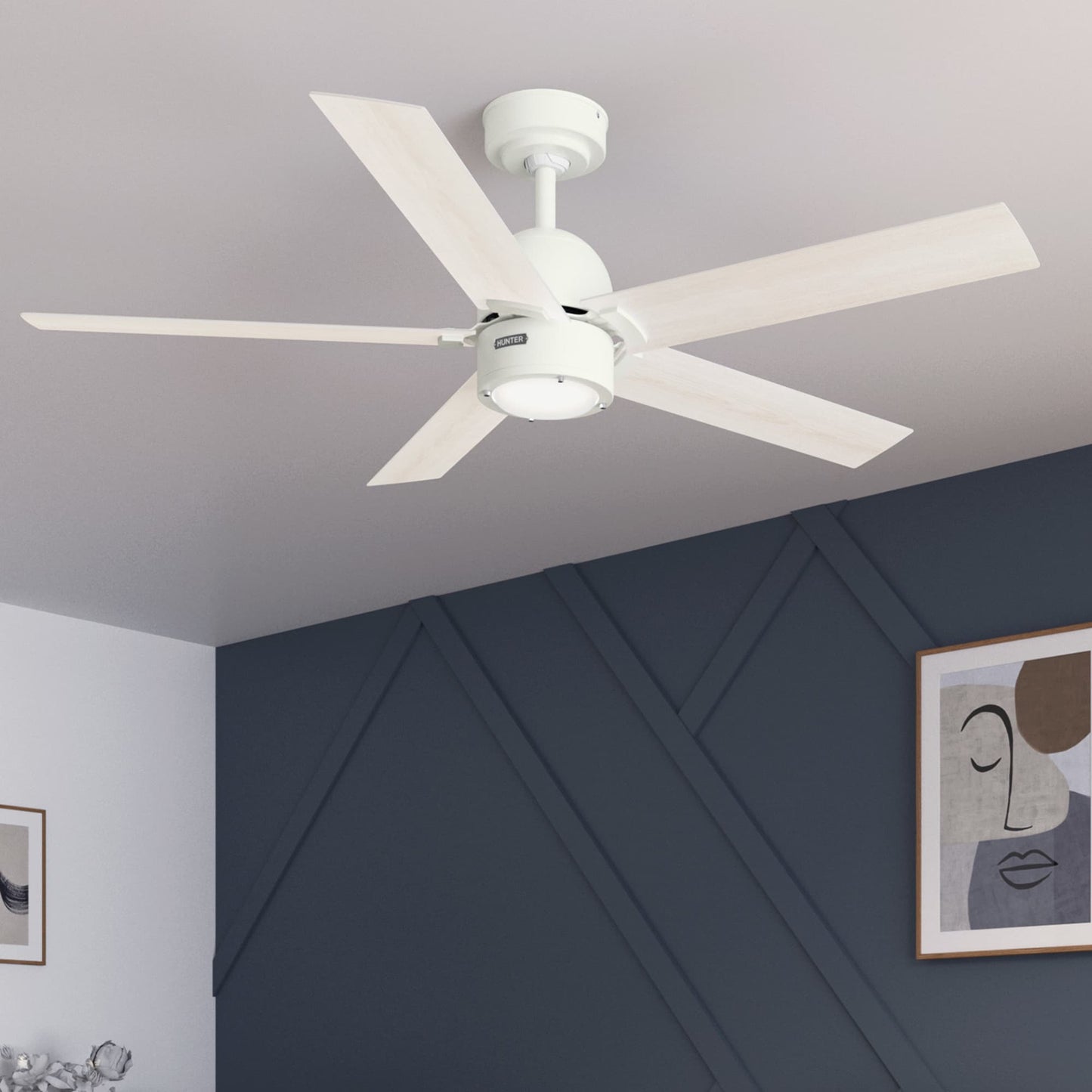 Hunter Erling ENERGY STAR 52-in Fresh White with Bleached Alder Blades Integrated LED Ceiling Fan With Light 5 -Blade