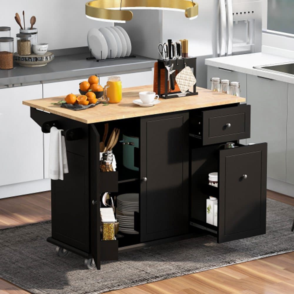 Runesay Black Wood Base with Wood Wood Top Rolling Kitchen Island ( 28.74-in x 53.94-in x 36.81-in )