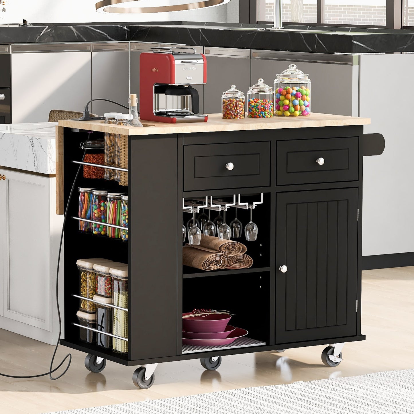 Runesay Black MDF Base with MDF Wood Top Rolling Kitchen Island ( 29.33-in x 39.8-in x 33.7-in )