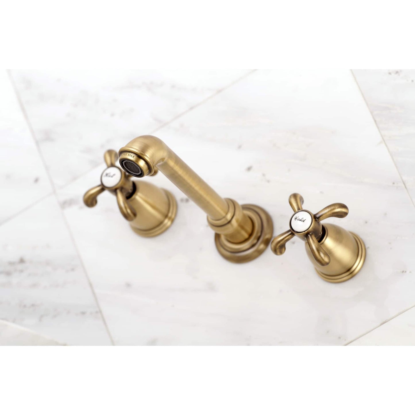 Kingston Brass French Country Antique brass Wall-mount 2-handle High-arc Residential Handle Bathroom Sink Faucet