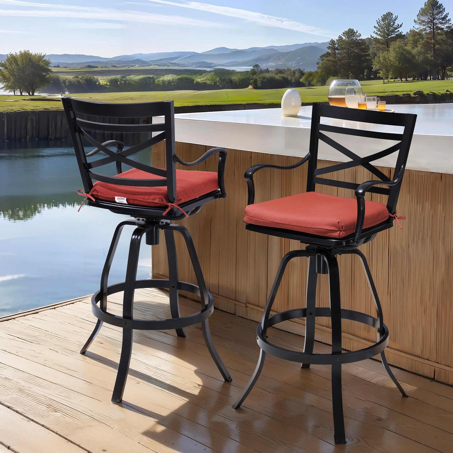 Crestlive Products Sunbrella Cast Aluminum Set of 2 Brown Swivel Bar Stool Chair with Red Cushioned Seat