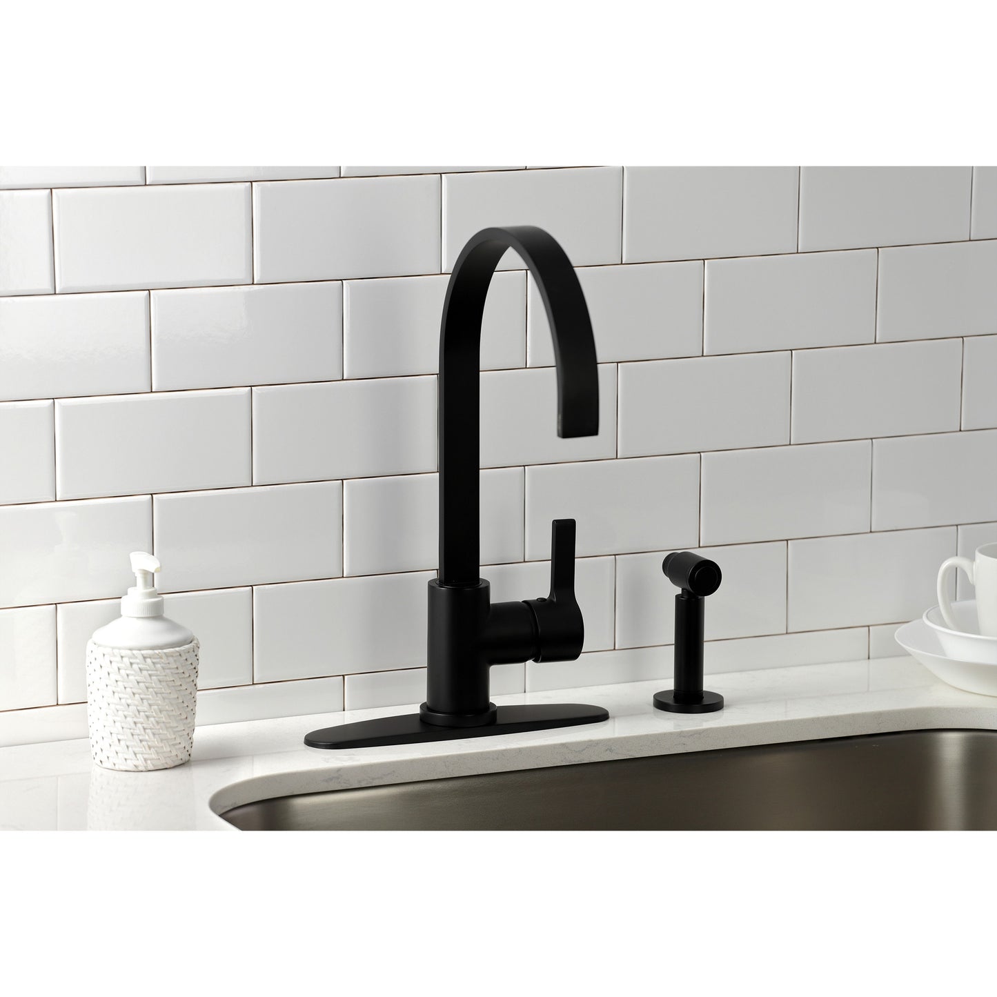 Kingston Brass Continental Matte black Single Handle Deck-mount Kitchen Faucet with Sprayer (Includes Deck Plate) (Includes Side Sprayer)