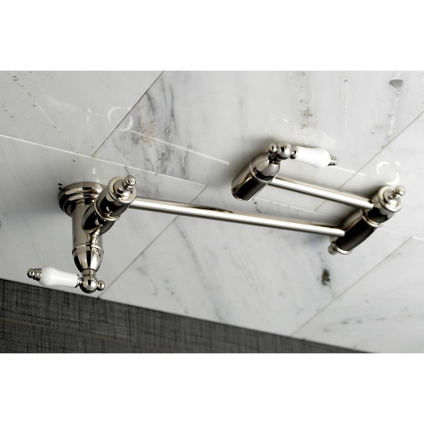Kingston Brass Restoration Polished Nickel Double Handle Wall-mount Pot Filler Kitchen Faucet