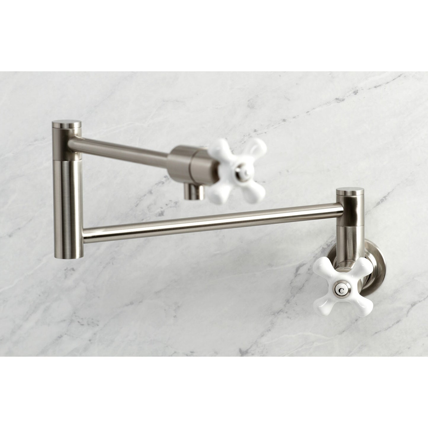 Kingston Brass Metropolitan Brushed nickel Double Handle Wall-mount Pot Filler Kitchen Faucet with Sprayer