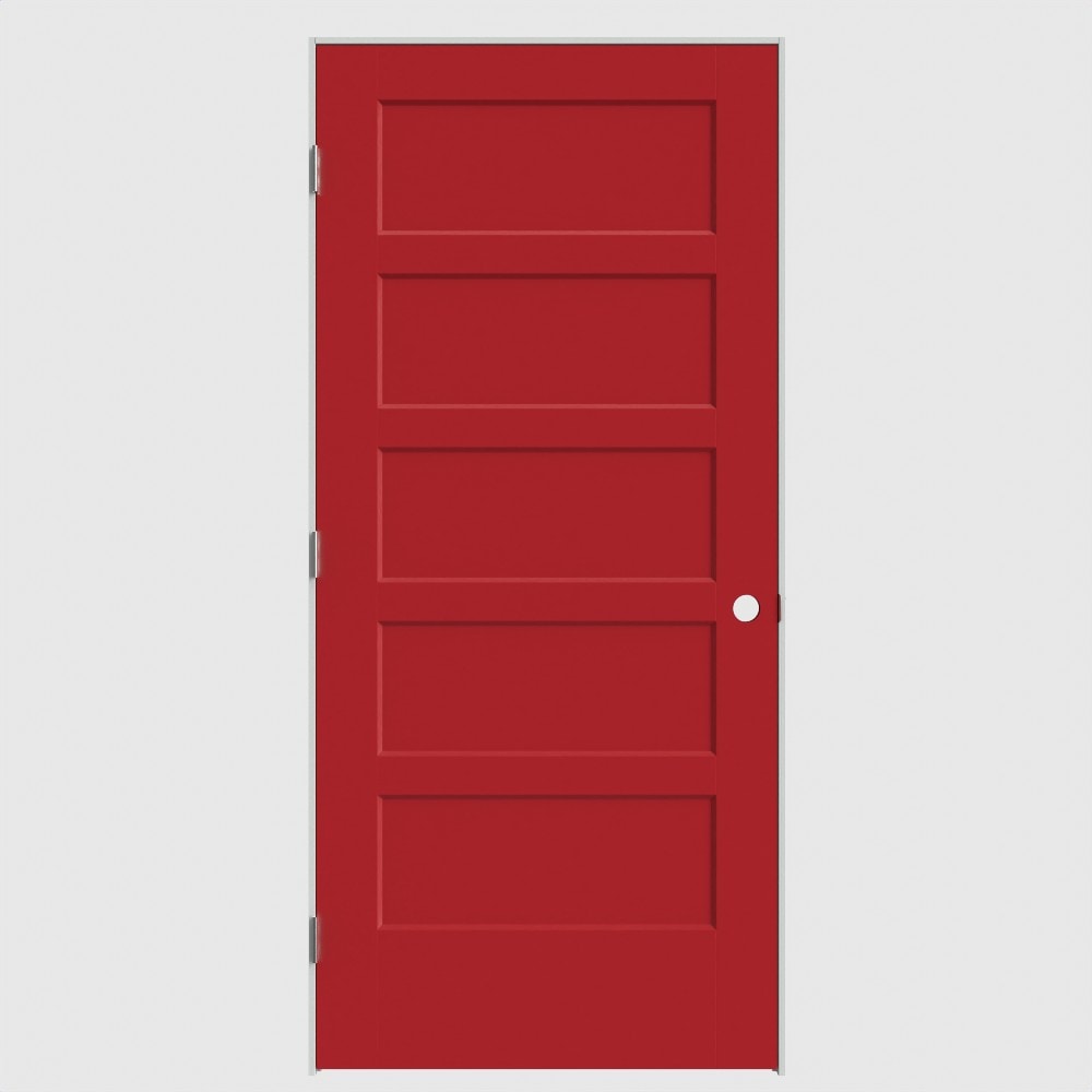 Masonite 36-in x 80-in Barn Red Solid core 5-panel Right hand Smooth Primed Molded composite Flat Jamb Single Prehung Interior Door with